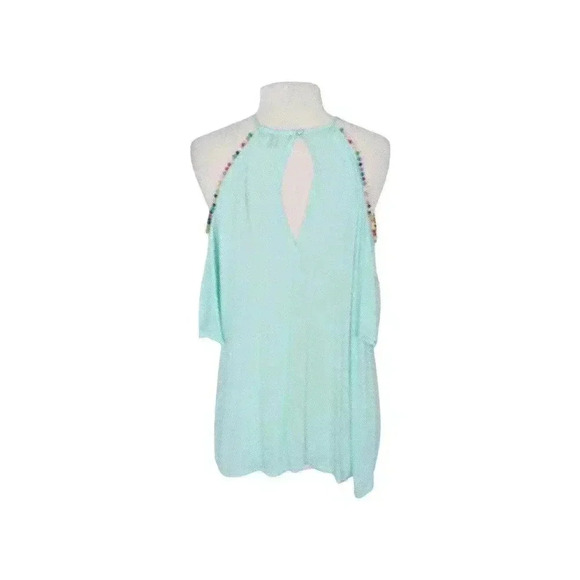 NEW Annabelle Blue Pompom Trimmed Cold Shoulder Flowy Tunic Top Blouse Sz Lg - Picture 5 of 5